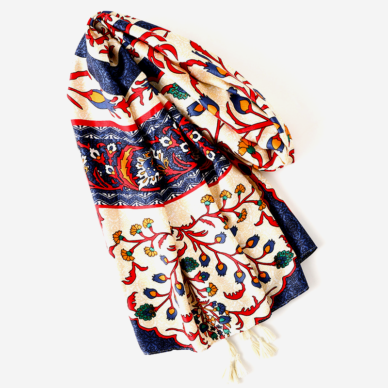 Multi Colored Foulard Floral Print Scarf Shawl Wrap with Tassels – TRAITS