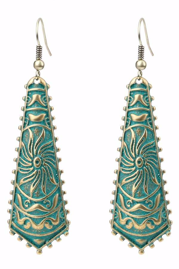 Bohemian Vintage Style Drop Earrings with Green Patina