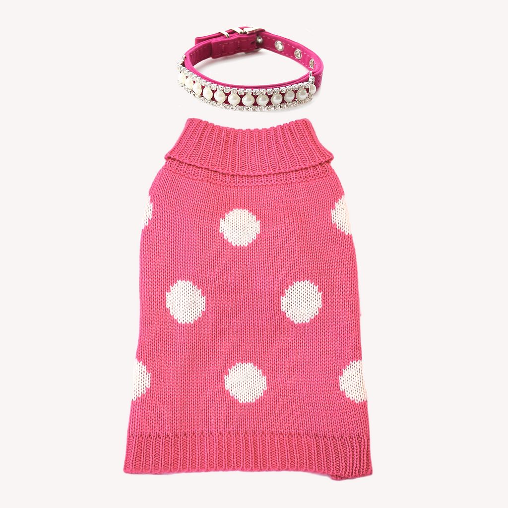 Power the Pink and Bring the Bling! Pair the TRAITS Soft, well-made and adorable Pink Polka Dot Dog Cat Sweater with the Pearl and Rhinestones dress-up Collar. This Splendor Dress-Up Set is made with LOVE for teacups and small breeds. Don't forget to check the measurements.