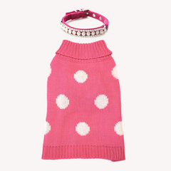 Splendor Dress-Up Set - Pink Polka Dot Dog Cat Sweater and Pearl Collar for Small Pet