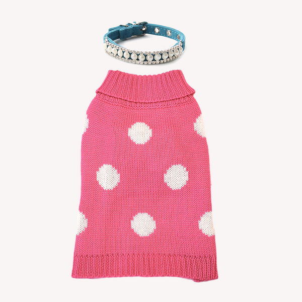 Power the Pink and Bring the Bling! Pair the TRAITS Soft, well-made and adorable Pink Polka Dot Dog Cat Sweater with the Pearl and Rhinestones dress-up Collar. This Splendor Dress-Up Set is made with LOVE for teacups and small breeds. Don't forget to check the measurements.