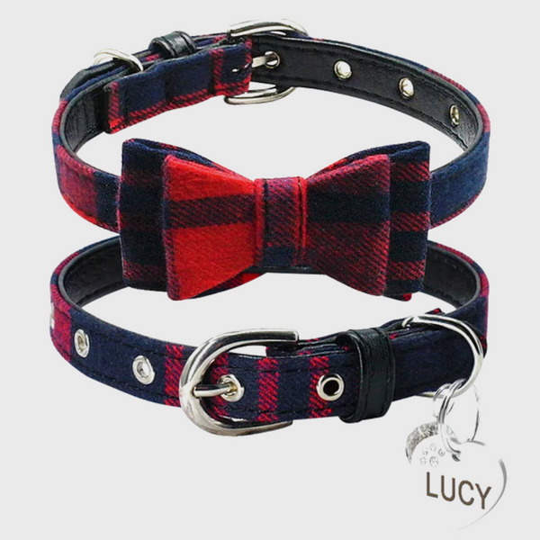 A beautifully handmade Classic Plaid Bowtie Collar for Small Dog or Cat: perfect for special occasions, decorated with a cute ID tag, makes your pup pop at any celebration, wedding or get together.