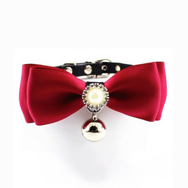 Handmade Satin Bowtie Dog Cat Collar with Pearls and Rhinestones. Makes your pup pop at any celebration, wedding or get togethe