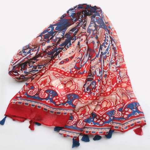 Spanish Motif Bohemian Floral Print Scarf Shawl Wrap with Tassels - Deep Red and Blue