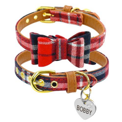 A beautifully handmade Classic Plaid Bowtie Collar for Small Dog or Cat: perfect for special occasions, decorated with a cute ID tag, makes your pup pop at any celebration, wedding or get together.