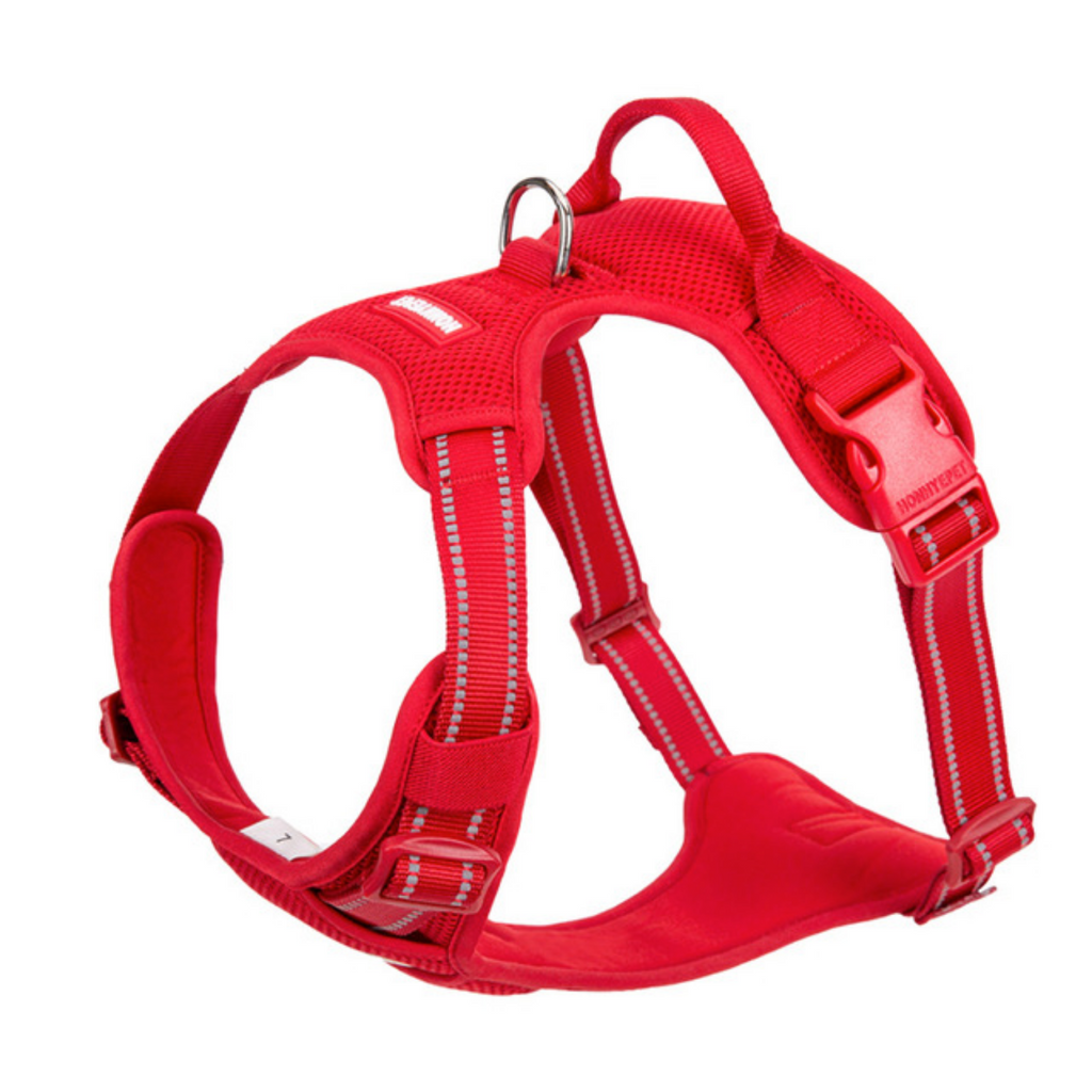 Well-constructed Reflective, Dual Clip Vest Dog's harness with Handle is made of premium quality, weatherproof materials and durable hardware. No Pull, No Choke - Safe, comfortable, convenient and durable for walking, running, hiking and riding in vehicles.