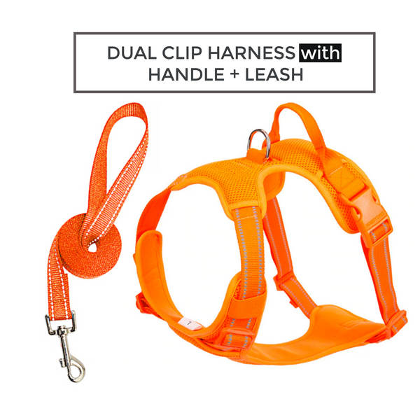 Well-constructed Reflective, Dual Clip Vest Dog's harness with Handle and Leash are made of premium quality, weatherproof materials and durable hardware. No Pull, No Choke - Safe, comfortable, convenient and durable for walking, running, hiking and riding in vehicles.