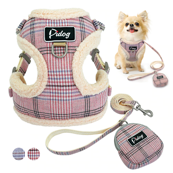 Preppy Puppy - Dual Clip Plaid Harness with Leash and Treat Zip Bag Set