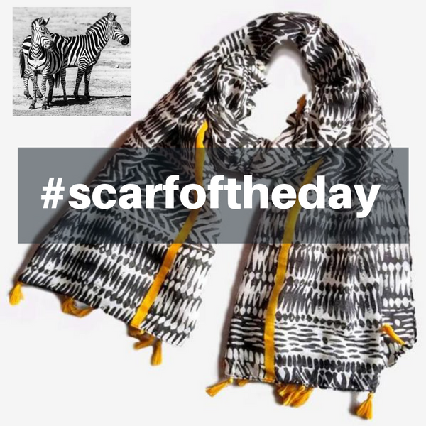 Black and White Monochrome Print Scarf Shawl Wrap with Amber Color Stripe and Tassels